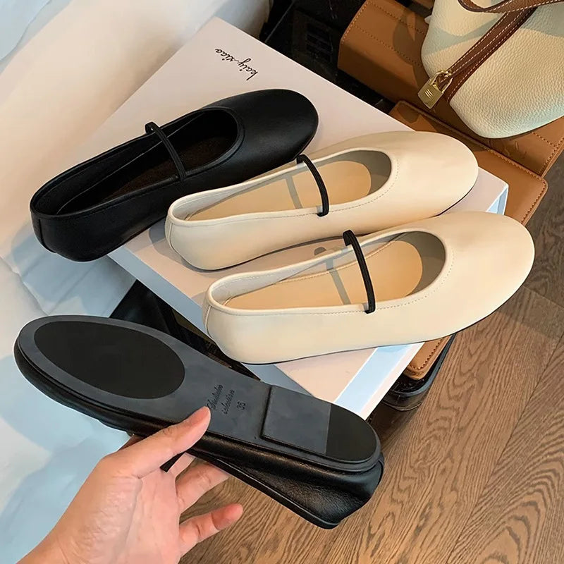 Round Toe Mary Janes Shoes For Women Elastic Band Solid Color Shallow Flat Female Shoes Concise Designer New Brand Girls Shoes