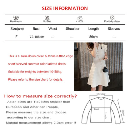 Women Preppy Style Buttons Short Sleeved Knit Dress Contrast Color Stripes Turn-down Collar Dress Summer Mid-Length Casual Dress