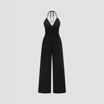 Women Summer Elegant Black High-Waist Knitted Suspender Jumpsuit Backless Women's Loose Wide-Leg Pants European Style Jumpsuit Badiee Stylez