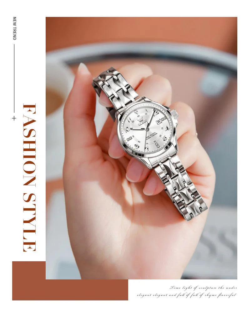 OLEVS 2910 Original Quartz Watches for Women Rhombus Steel Strap Waterproof Luminous Calendar Elegant Luxury Ladies Wristwatches