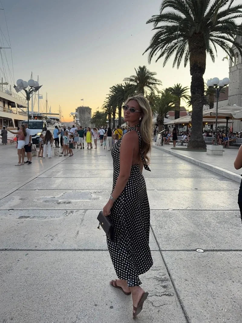 Trendix Polka Dot Print Backless Dress Women Summer Sexy Deep V Neck Sleeveless Off Shoulder Maxi Dresses Elegant Evneing Dress