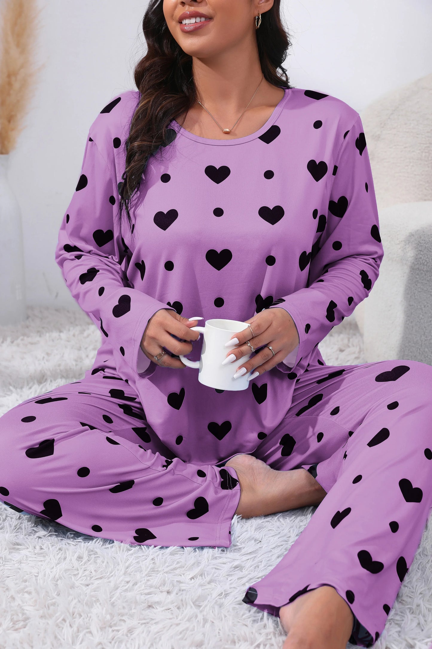Plus Size Women's Heart Print Long Sleeve T-Shirt And Pants With Elastic 2pc Pajama Set,Women Round Neck Top and Trouser Pajama