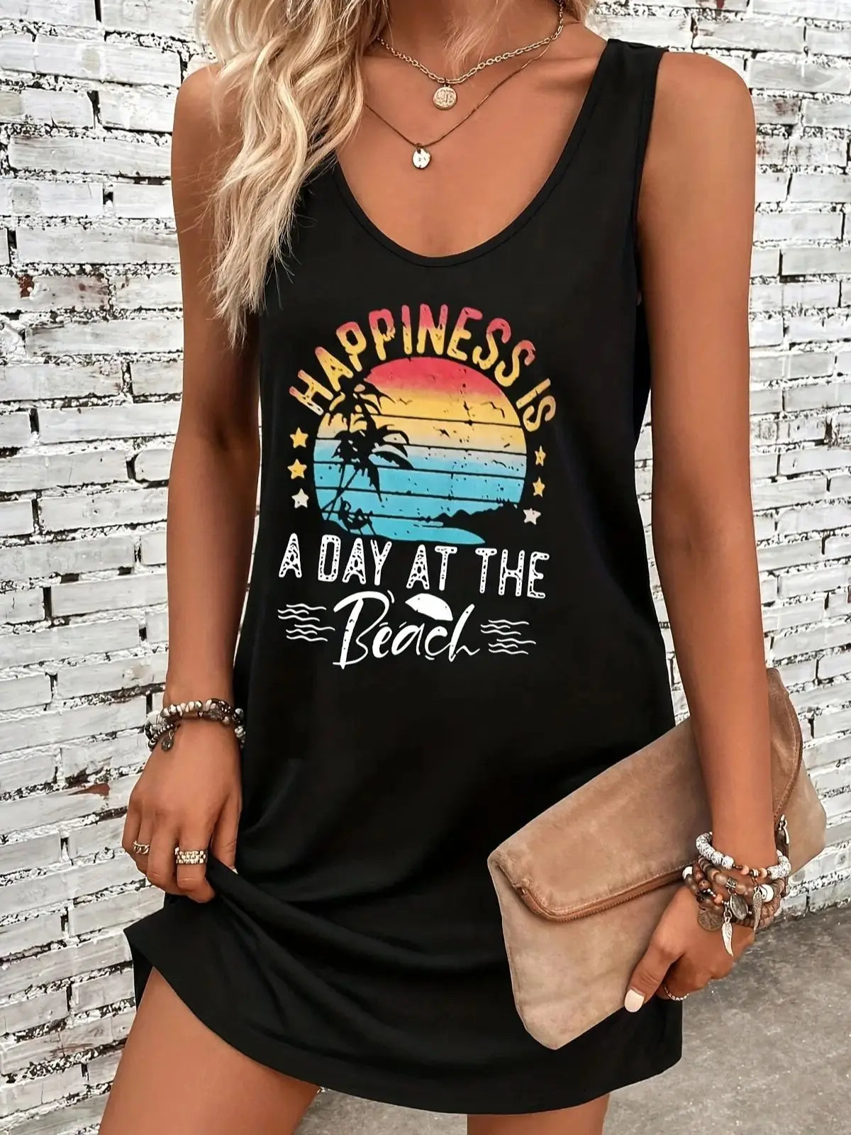 Summer women's sleeveless vest dress mini loose comfortable soft vacation beach print style