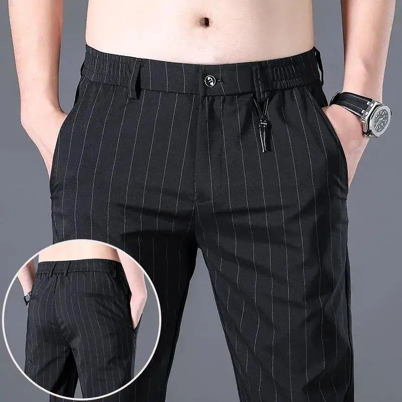Male Suit Trousers Check Cooling Ice Silk Plaid Straight Up Clothes Offer Slacks Designer Men's Summer Pants Fabric 2024 Classic 01 Black Suits Pants