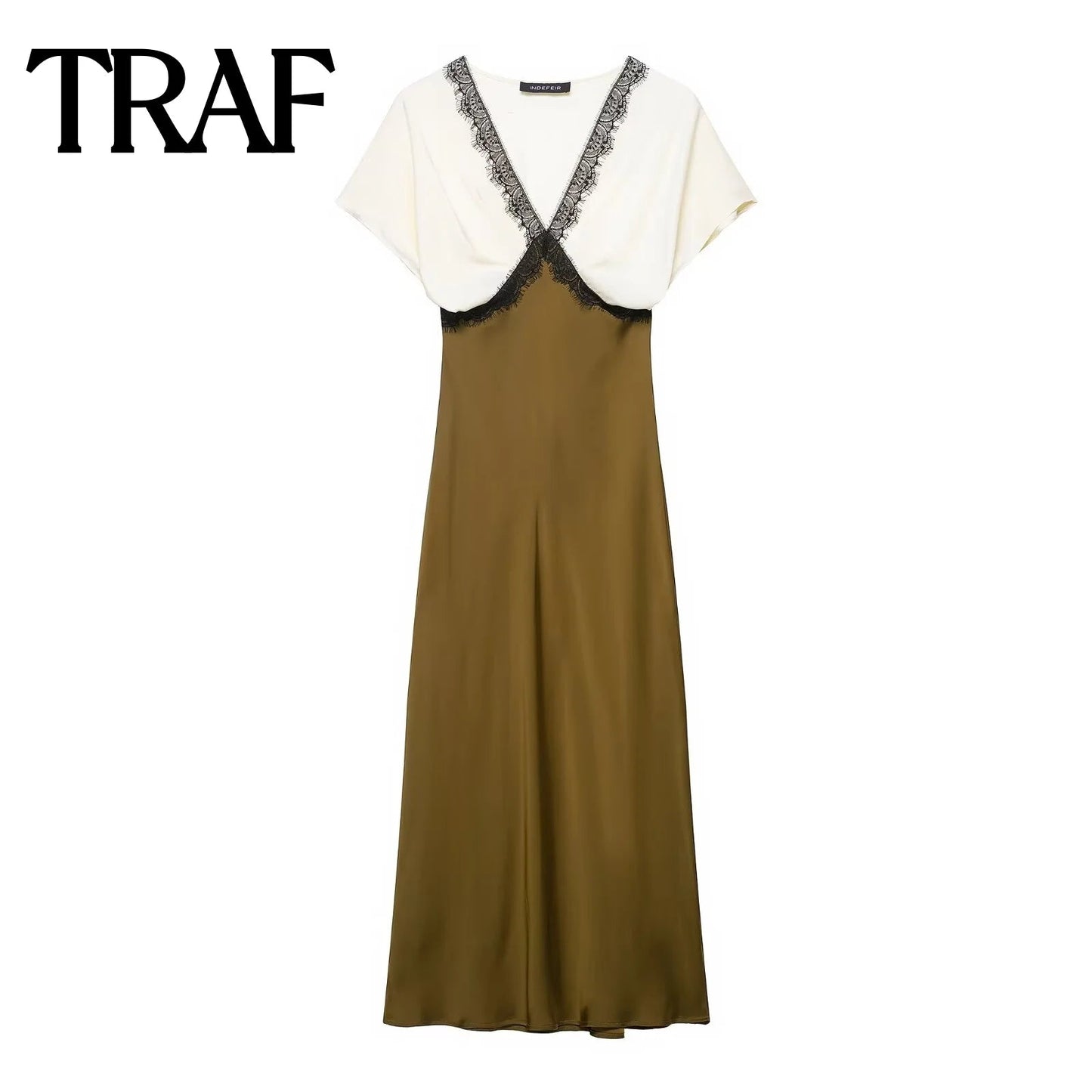 TRAF women's V-neck short sleeved autumn new item 2025 contrasting lace silk texture MIDI dress long  French evening dress Badiee Stylez