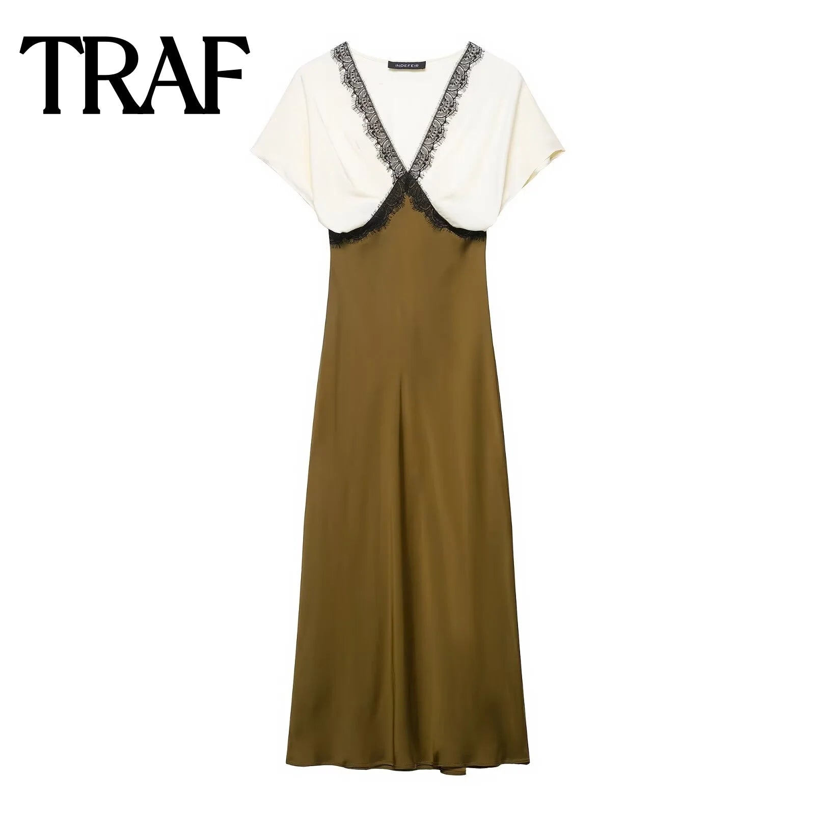TRAF women's V-neck short sleeved autumn new item 2025 contrasting lace silk texture MIDI dress long  French evening dress Badiee Stylez