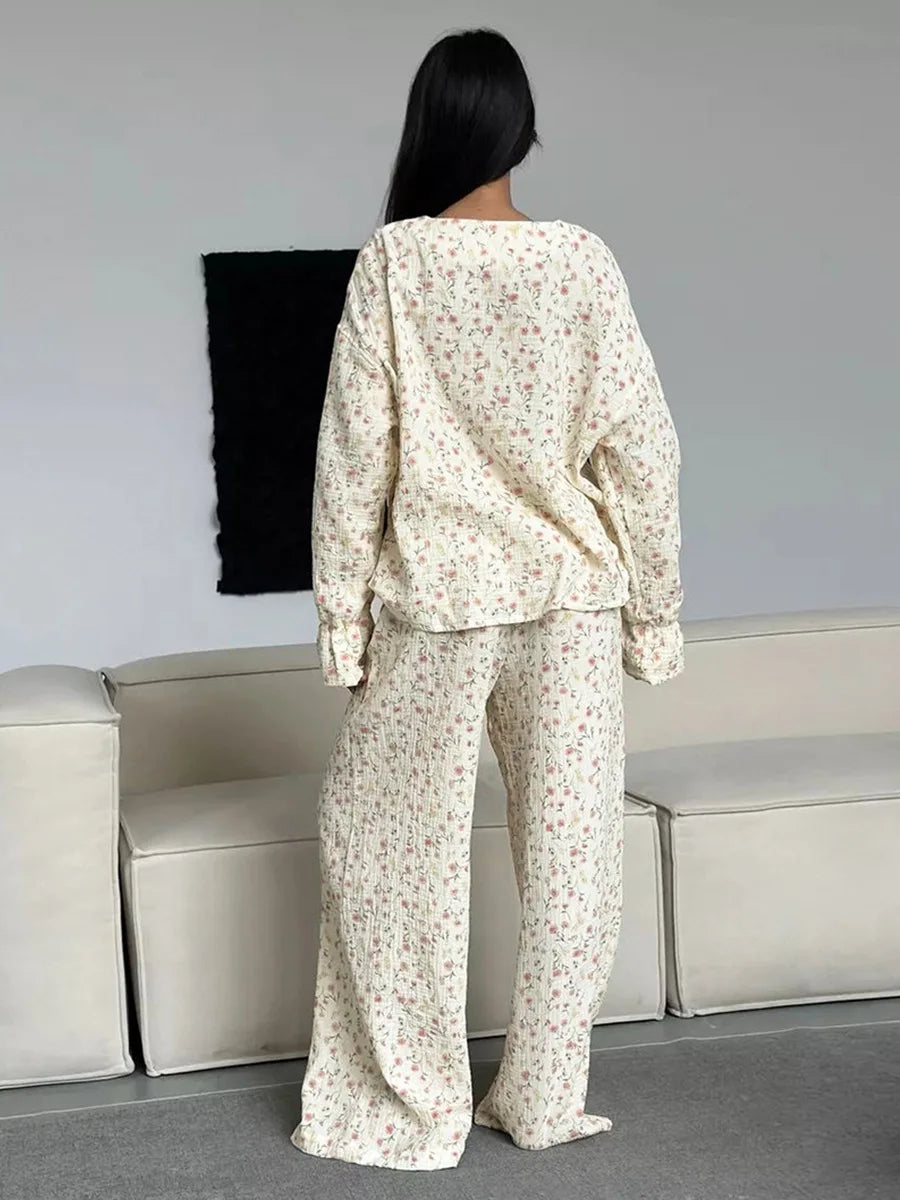 Muzuleva 100% Cotton Printed Cardigan Pajama Set Women's New Autumn Long Sleeved Pants Pajamas Loose Home Clothing 2-piece Set