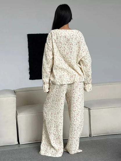 Muzuleva 100% Cotton Printed Cardigan Pajama Set Women's New Autumn Long Sleeved Pants Pajamas Loose Home Clothing 2-piece Set