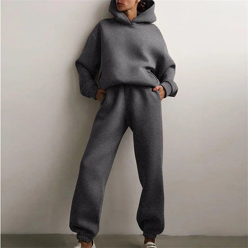 Women's Tracksuit Suit Autumn Fashion Warm Hoodie Sweatshirts Two Pieces Oversized Solid Casual Hoody Pullovers Long Pant Sets Dark Grey