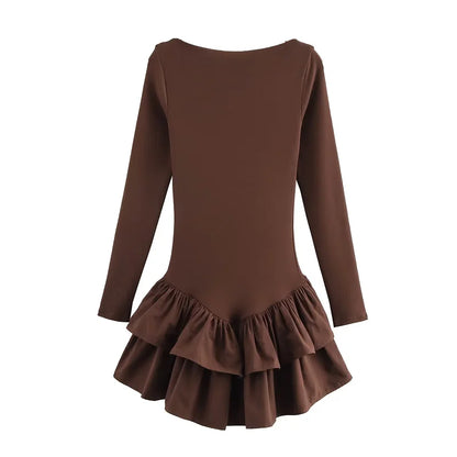 TRAF Women's Elegant Y2k Short Dresses 2025 Spring Long Sleeve Mini Dresses Ladies Fashion Casual Cute Party Dress Vestidos Brown
