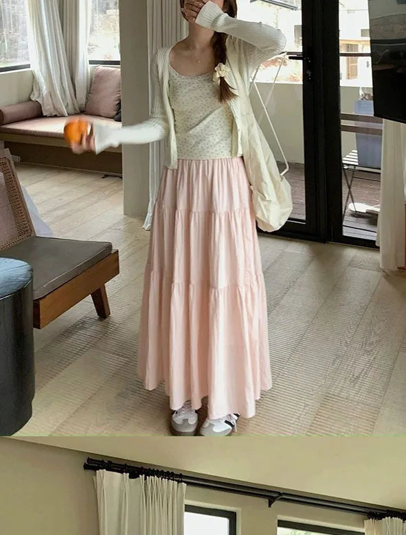 Pink midi skirt for women in spring and autumn summer 2025new high waist slimming A-line long skirt, small and fluffy cake skirt
