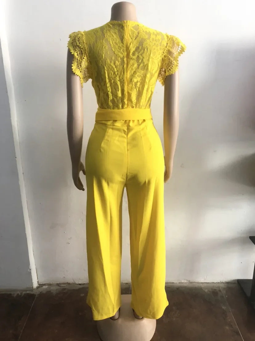 Women Lace See Though Patchwork Short Sleeve V-neck Jumpsuits Summer Vacation One Piece Set Streetwear Fitness Jumpsuit Badiee Stylez