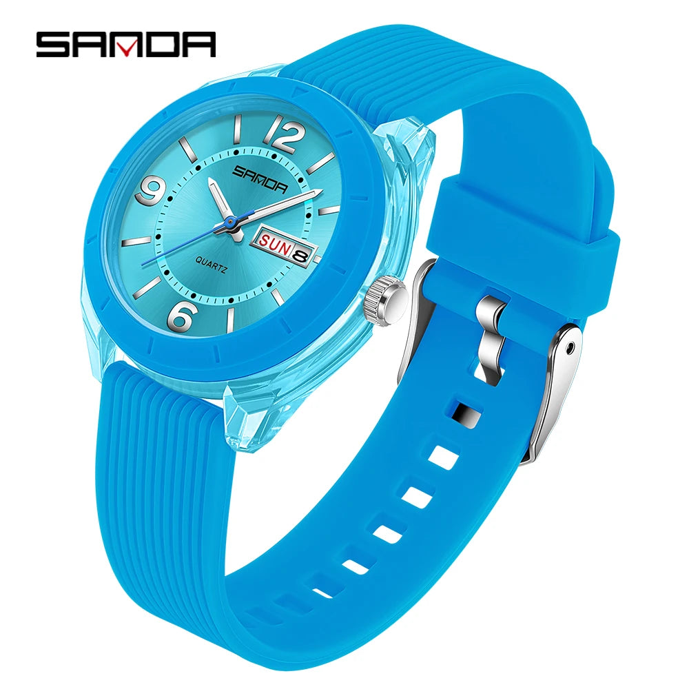 SANDA Quartz Watch for Women Waterproof Auto Date Week Elegant Luxury Ladies Wristwatch Waterproof Analog Women's Watches Light Blue