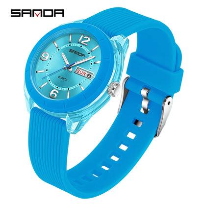 SANDA Quartz Watch for Women Waterproof Auto Date Week Elegant Luxury Ladies Wristwatch Waterproof Analog Women's Watches Light Blue