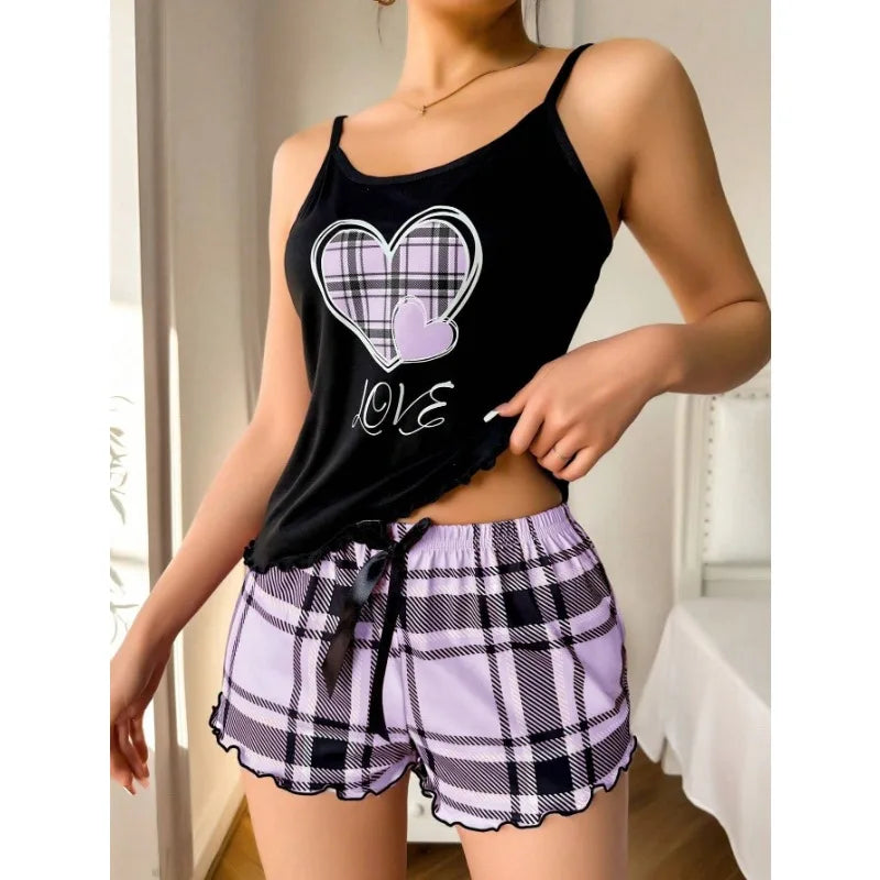 Women Sexy Suspender Shorts Thin Pajamas Letter Print Plaid Shorts Large Pajamas Romantic Home Wear Sexy Nightwear Short Pajama Badiee Stylez
