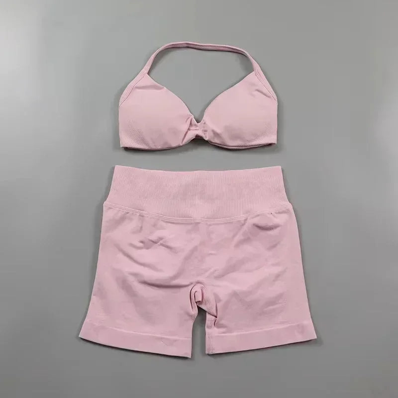 WHENG Gym Set 2 Piece Women Strappy Yoga Bra Top Workout Scrunch Shorts Sports Suit Fitness Clothes Seamless Yoga Set Badiee Stylez