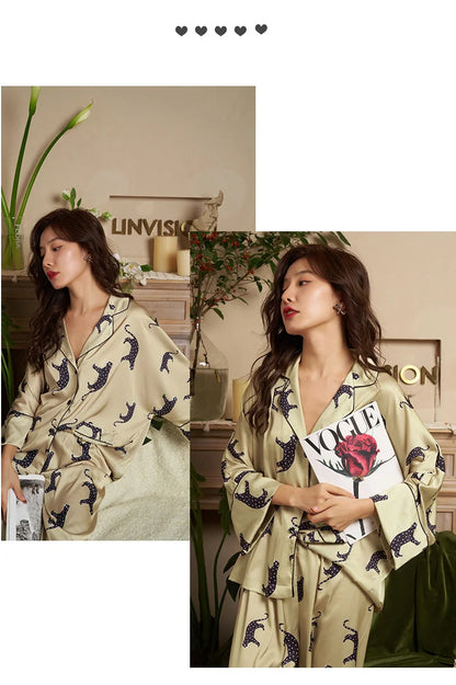 Lisacmvpnel Leopard Print Bat Sleeve Ice Silk Women's Pajamas Simple And Natural Thin Sation Women's Pijama