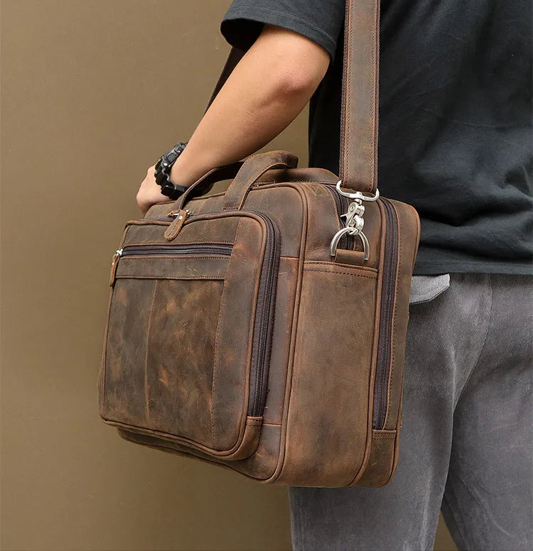 High Quality Genuine Leather Men Briefcase Business bag Crazy Horse Leather Large 17"inch Laptop Bag male Portfolio Office Case
