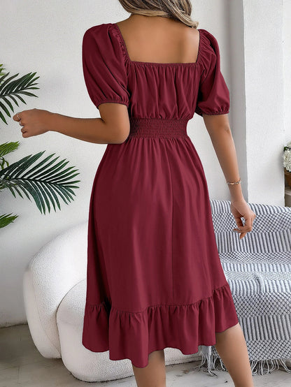 Spring and Summer Elegant High Waisted Dress Square Neck Short Sleeved Ruffled Edge Long Dresses for Women Badiee Stylez