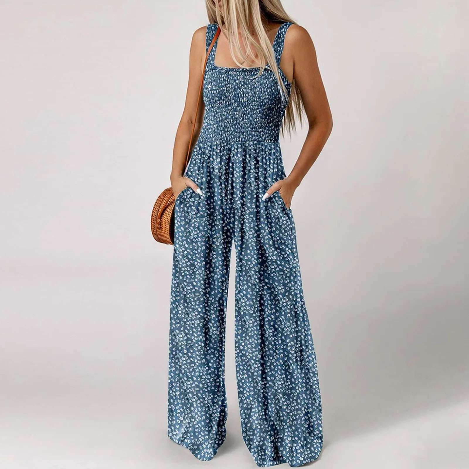 Women'S Suspender Jumpsuits Fashion Trend Pleated Shoulder Straps Printed Pocket Loose Wide Leg Jumpsuits Daily Casual All-Match