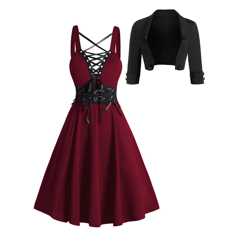 2025 Womens Gothic Dresses Sets Solid Color Open Front Crop Jacket and Lace Up Buckle Strap Crisscross Dress Outfit Deep Red