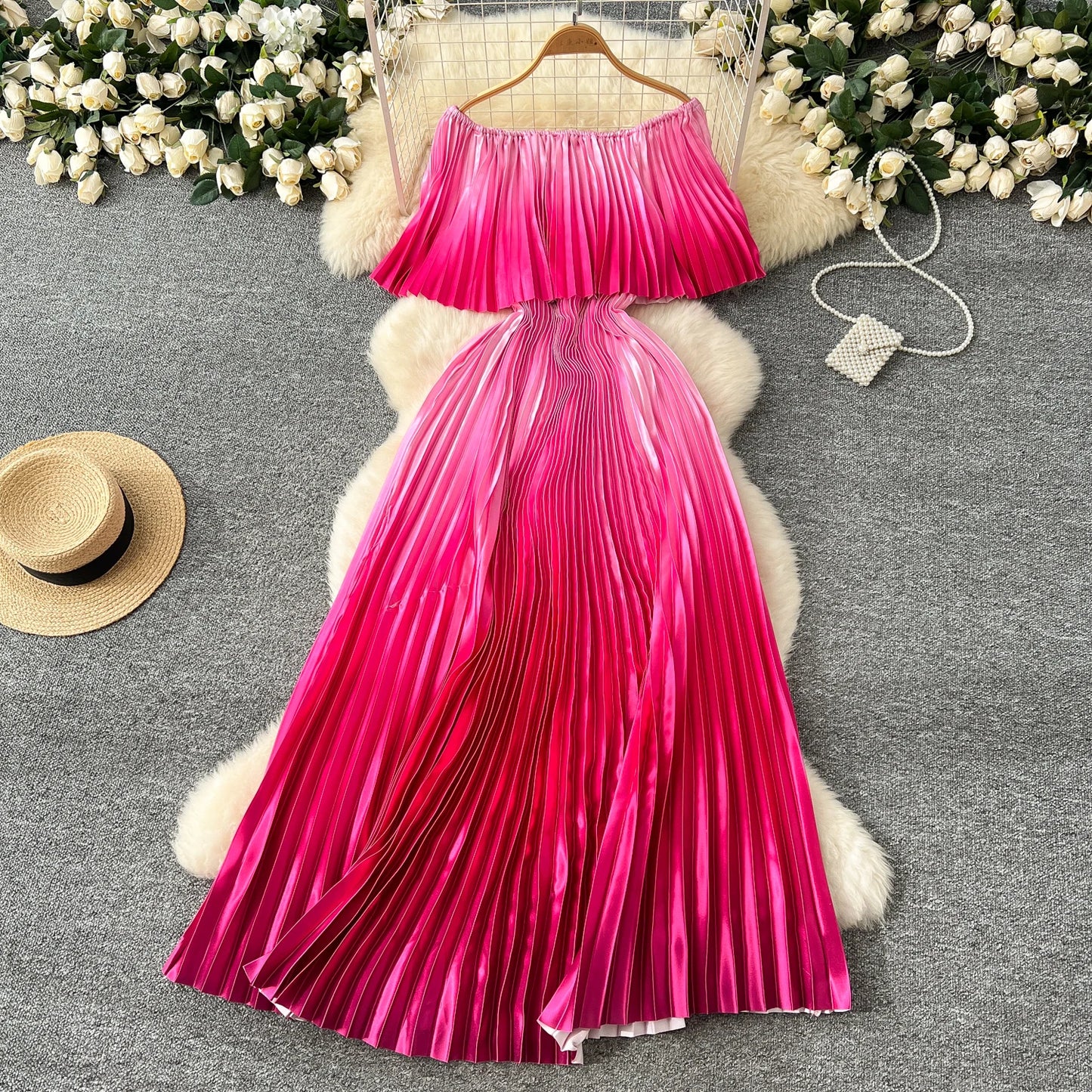 SINGREINY 2025 Gradient Party Long Dress Female Off Shoulder Elastic Waist A Line Sundress Vacation Luxury Pleated Maxi Dresses