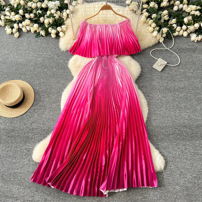 SINGREINY 2025 Gradient Party Long Dress Female Off Shoulder Elastic Waist A Line Sundress Vacation Luxury Pleated Maxi Dresses