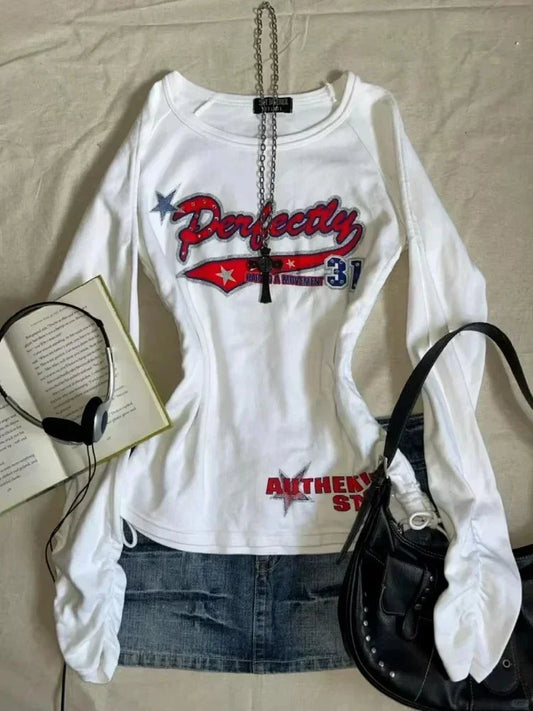 HOUZHOU Vintage Y2k Women T-shirts White Grunge Graphic Long Sleeve T-shirts Harajuku 2000s Aesthetic Streetwear American Retro White