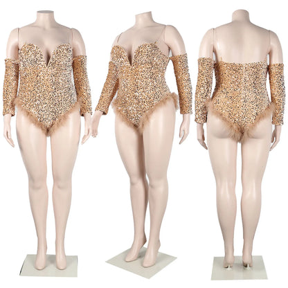 Women's Elegant Sequined Feather Slim Patchwork Bodysuits Spring Summer New Sexy Bodysuits Women Long Sleeve Backless Bodysuits
