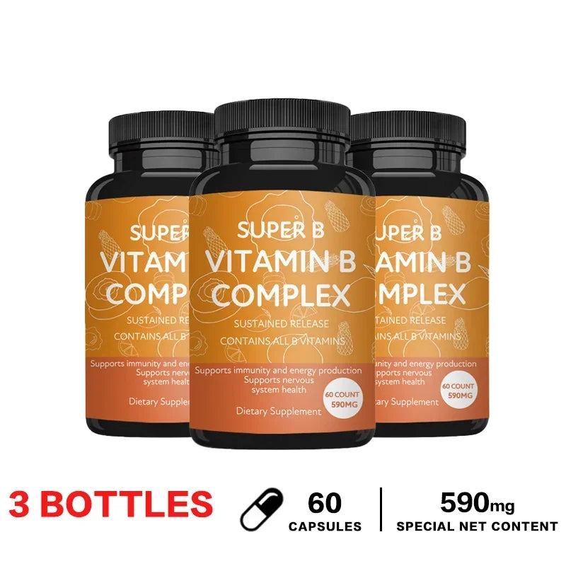 Vitamin B Complex Capsules - Reduce Stress, Promotes Nervous System Healthy, Strong Bones &Teeth, Boost Immunity 60 Capsule-3bottles