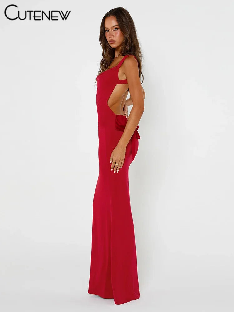Cutenew Women's Elegant Solid Maxi Dress Sexy Halter Spaghetti Lady Long Dresses Bowknot Lace-up Girl Backless Female Party Robe