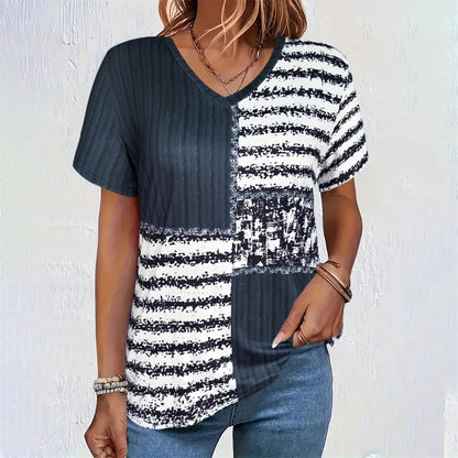 Checkered 3D Pattern Printed Women's V-Neck Short Sleeve Striped Minimally Printed Woman ClothingTop Women's Loose Women's Shirt S56VTX4654