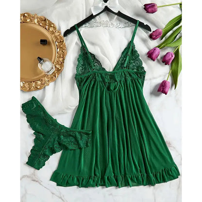 Soft Sheer Nighty Pajamas Hotselling Nightgowns Dark Green Halter Dress Women Sleepwear Sexy Bra Plus Size Nightdress Thong Sets Badiee Stylez