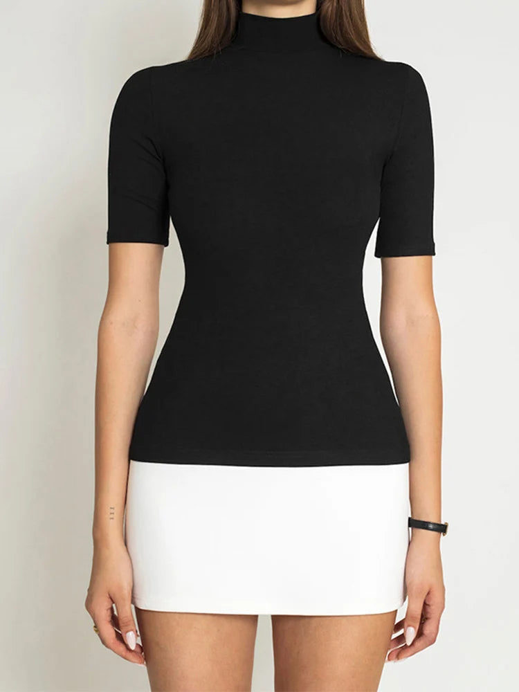 Summer 2025 Turtleneck Half Sleeve Mini Dresses French Style Fashion Elegant Black And White Patchwork Bodycon Dress