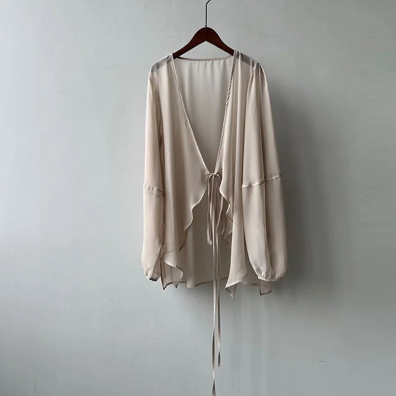 Summer Sun Protection Shirt Korean Women Chiffon Cardigan Blouse Solid Color Ladies Shawl Female Oversize Casual Loose Coats khaki