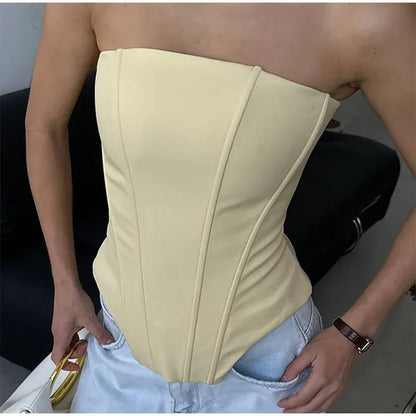 Two Piece Set Fishbone Strapless Vest Top Suit Short Jacket Solid Color Slim Fit Fashion Women Tank Blouse Waist Cinched Coat