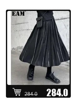 EAM 2024 New Fashion Winter Stand Collar Irregular Long Type Black Cotton-padded Clothes Loose Coat Black Jacket Woman YA771