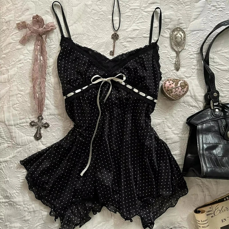 Aesthetic Slim Dress Harajuku Y2K Women Polka dot skirt Chic Maiden Frock Hot Girl Classic Fashion Classic Korean emo Sundress Black(tops)