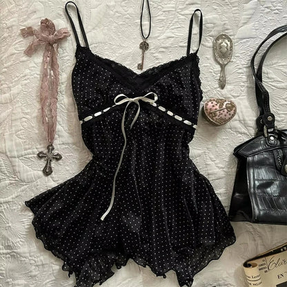 Aesthetic Slim Dress Harajuku Y2K Women Polka dot skirt Chic Maiden Frock Hot Girl Classic Fashion Classic Korean emo Sundress Black(tops)