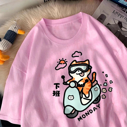 Cute Cat Riding Home After Work on Monday Women T-Shirts Cartoon Printed Tops Round Neck Soft T Shirt Summer Clothing