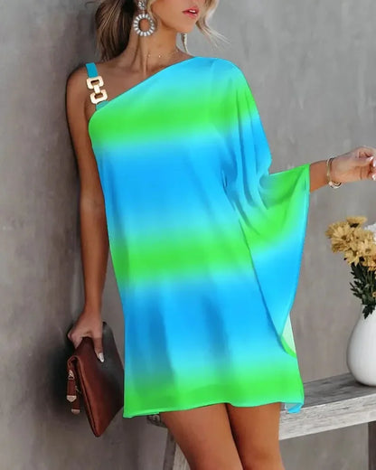 Summer Commuter Women's S-2XL size Dress One Line Diagonal Neck Off Shoulder Solid Color and PrintedMetal Strap Bat Sleeve tie-dye
