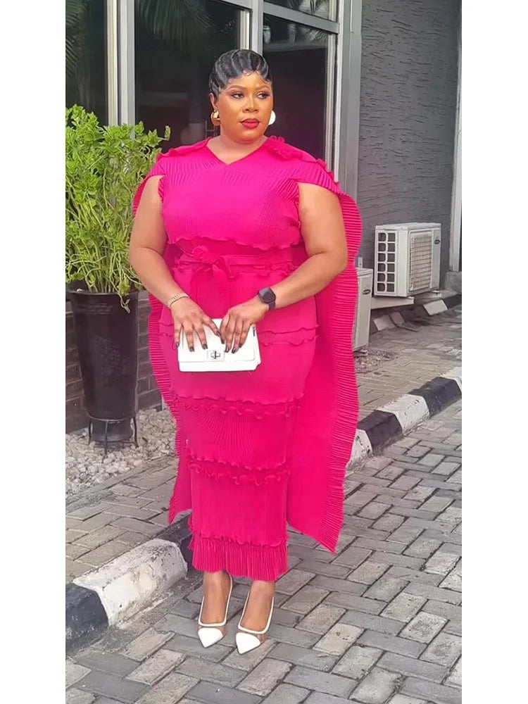 EGRM Miyake Solid Pleated French Three-dimensional Fungus Edge Cake Dress Women's Loose Long Dresses 2025 Summer New 6R8109 Rose Red One Size