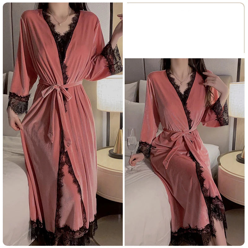 Women Warm Velour Homewear Long Kimono Robe Cami Sleepwear Burgundy Bathrobe Set Sexy Nightgown Winter Robe Suit Loungewear Pink Robe