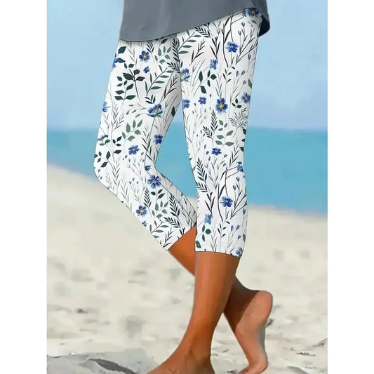 Plus Size Fashion Printed For Women Cropped Leggings Women's Tight Pants Seven-point Leggings Blue