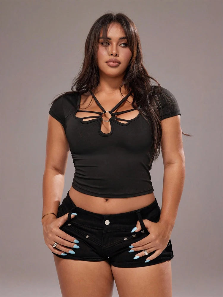 Plus Size Rave Coachella Women's Plus Size Skinny Whole Simple Fashion Neckline Bundle Stripe Short Sleeve T-Shirt