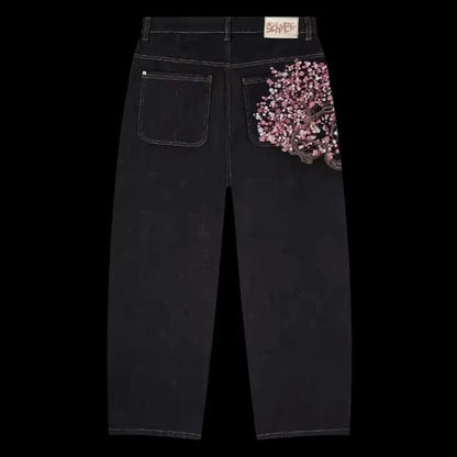 Streetwear Vintage Sakura Jeans Y2K Mens Womens Harajuku Hip Hop Embroidery Retro Black Baggy Jeans Low Waist Wide Leg Trousers 15