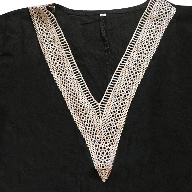 Chic Guipure Lace V-Neck Tunic Dress - Easy-Care, Knee-Length, All- Season Comfort with Stylish Hollow Details Badiee Stylez