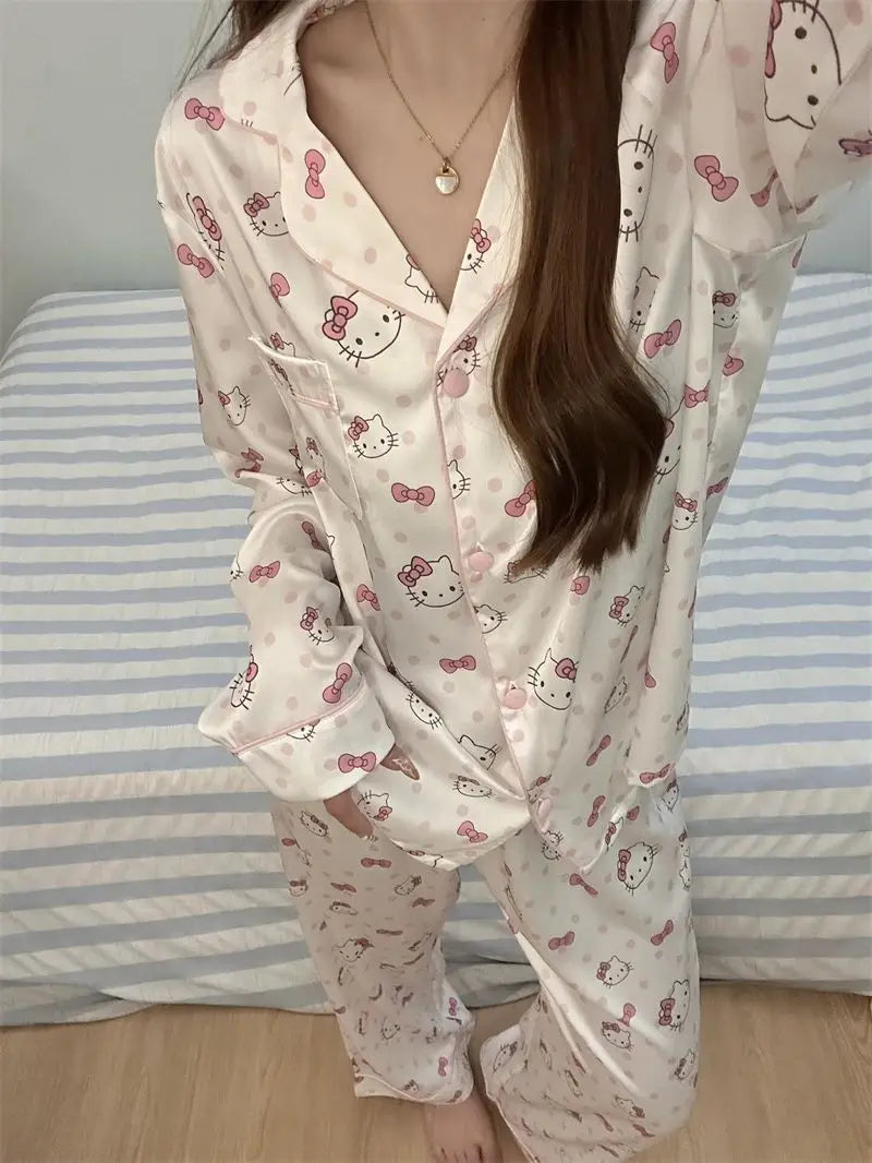 Hello Kitty Women's Sweet Polka Dot Pajama Set - Spring/Fall Long Sleeve & Pants Loungewear, Cute Home & Outdoor Wear