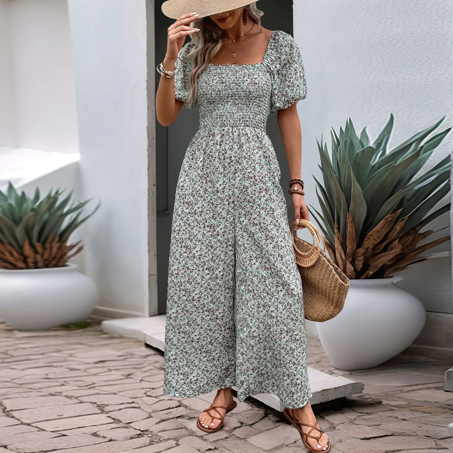Bohemian Vacation Holiday Jumpsuit Women Pleated Wide Leg Rompers Chiffon Print Ethnic Playsuit Summer Casual Jumpsuits Badiee Stylez