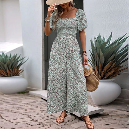 Bohemian Vacation Holiday Jumpsuit Women Pleated Wide Leg Rompers Chiffon Print Ethnic Playsuit Summer Casual Jumpsuits Badiee Stylez